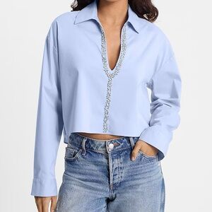 Embellished Collared V-Neck Long Sleeve Cropped Shirt